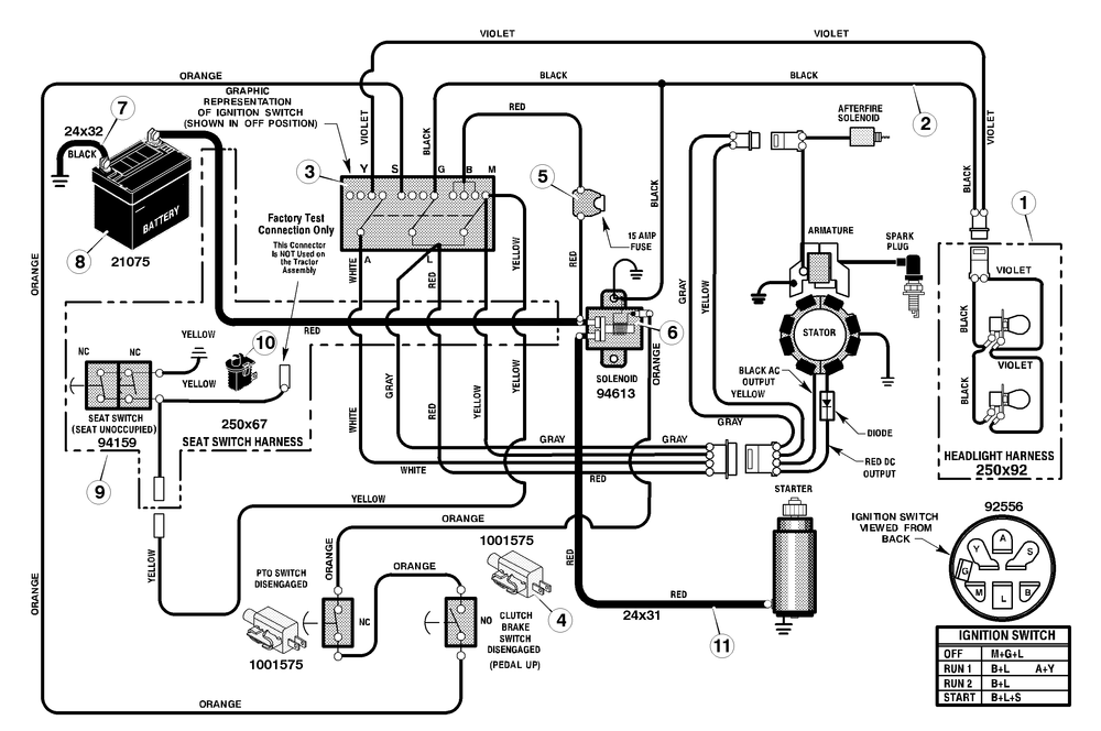 Electrical System Diagram and Parts List for 425615X50B 2004 Briggs and Stratton Lawn Tractor